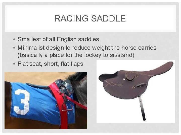 RACING SADDLE • Smallest of all English saddles • Minimalist design to reduce weight