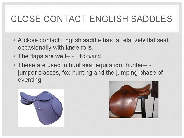 CLOSE CONTACT ENGLISH SADDLES • A close contact English saddle has a relatively flat