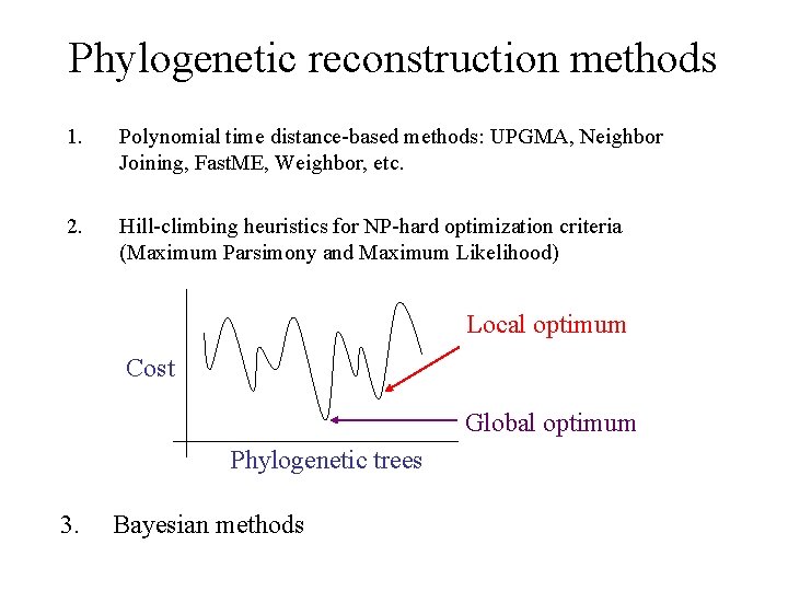 Phylogenetic reconstruction methods 1. Polynomial time distance-based methods: UPGMA, Neighbor Joining, Fast. ME, Weighbor,