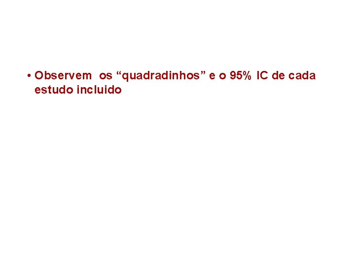  • Observem os “quadradinhos” e o 95% IC de cada estudo incluido 