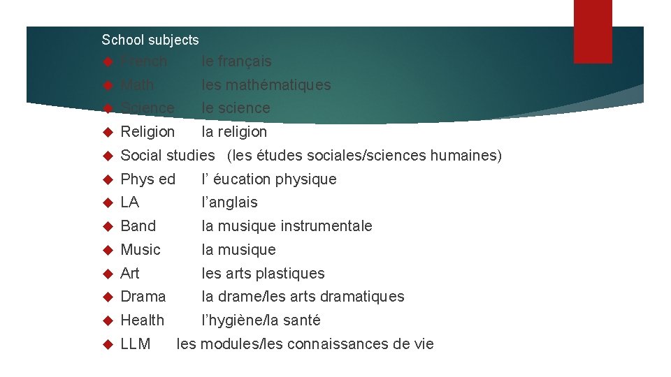School subjects French le franais Math les mathmatiques
