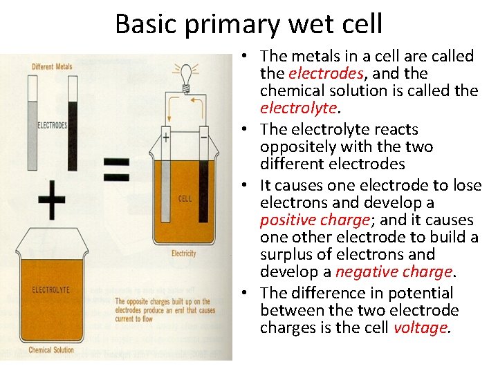 Basic primary wet cell • The metals in a cell are called the electrodes,