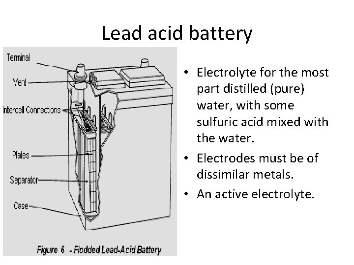 Lead acid battery • Electrolyte for the most part distilled (pure) water, with some