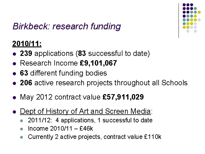 Birkbeck: research funding 2010/11: l 239 applications (83 successful to date) l Research Income