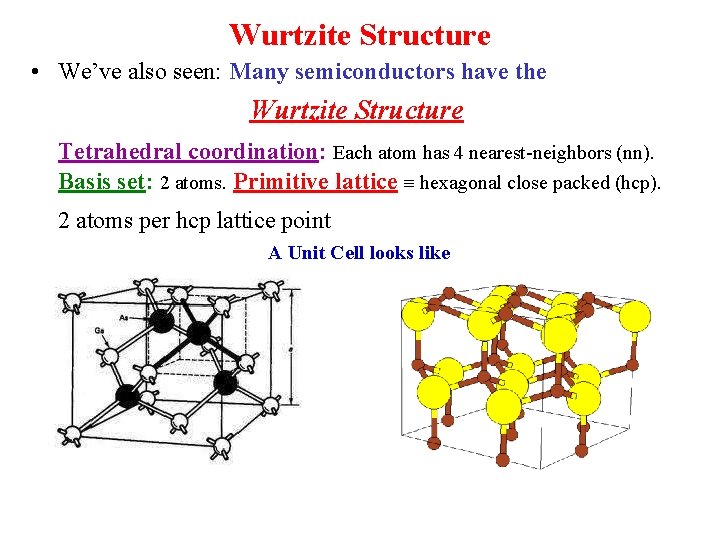 Wurtzite Structure • We’ve also seen: Many semiconductors have the Wurtzite Structure Tetrahedral coordination: