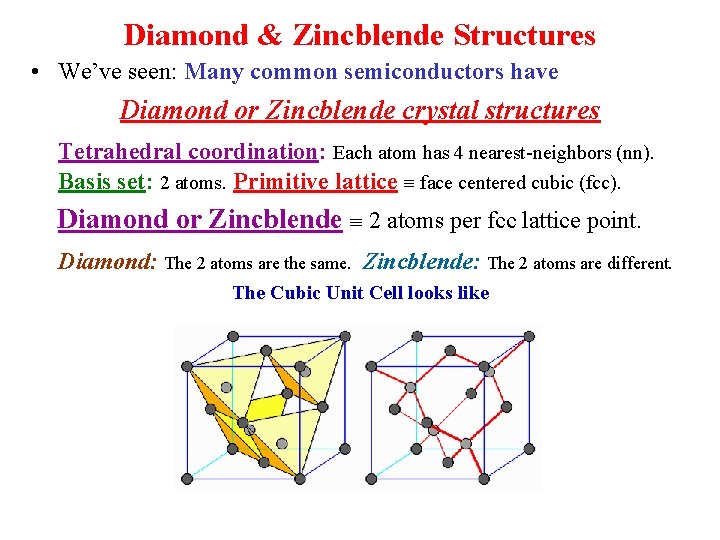 Diamond & Zincblende Structures • We’ve seen: Many common semiconductors have Diamond or Zincblende