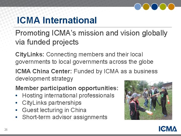 ICMA International Promoting ICMA’s mission and vision globally via funded projects City. Links: Connecting