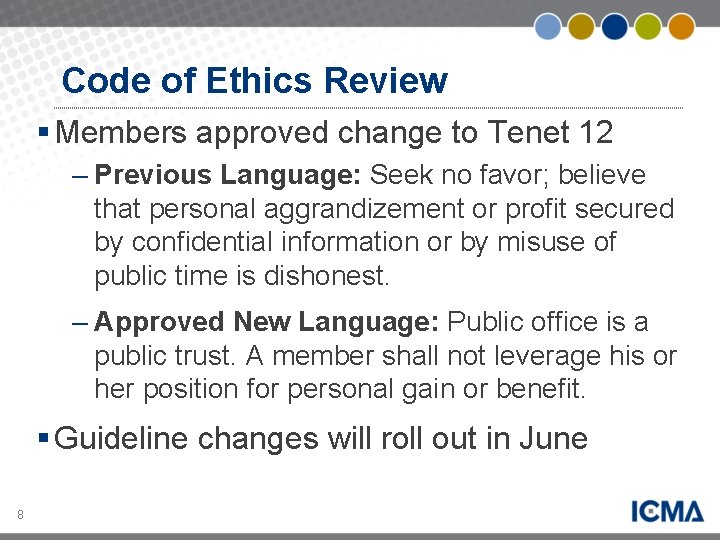 Code of Ethics Review § Members approved change to Tenet 12 – Previous Language: