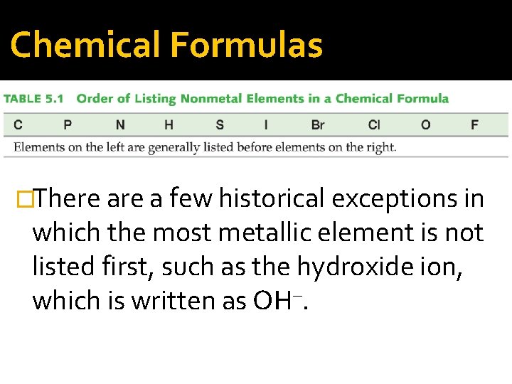 Chemical Formulas �There a few historical exceptions in which the most metallic element is