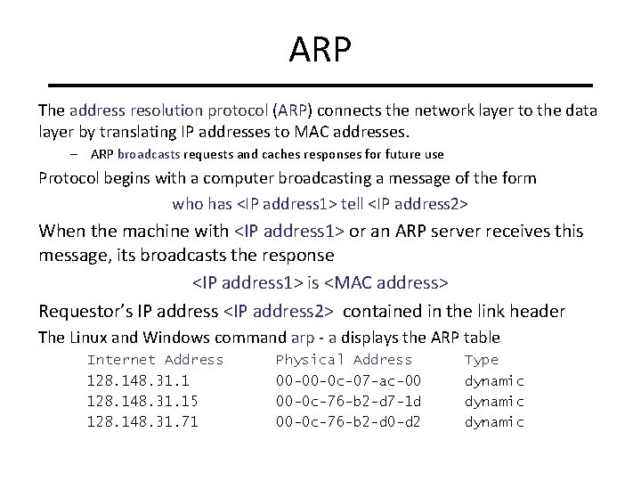 ARP The address resolution protocol (ARP) connects the network layer to the data layer ARP The address resolution protocol (ARP) connects the network layer to the data layer