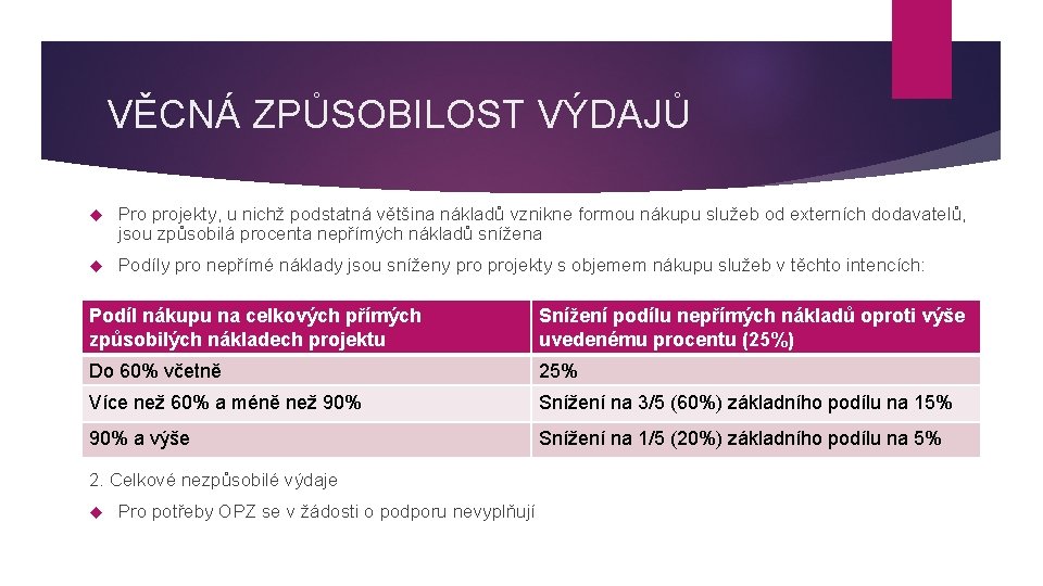 VĚCNÁ ZPŮSOBILOST VÝDAJŮ Pro projekty, u nichž podstatná většina nákladů vznikne formou nákupu služeb