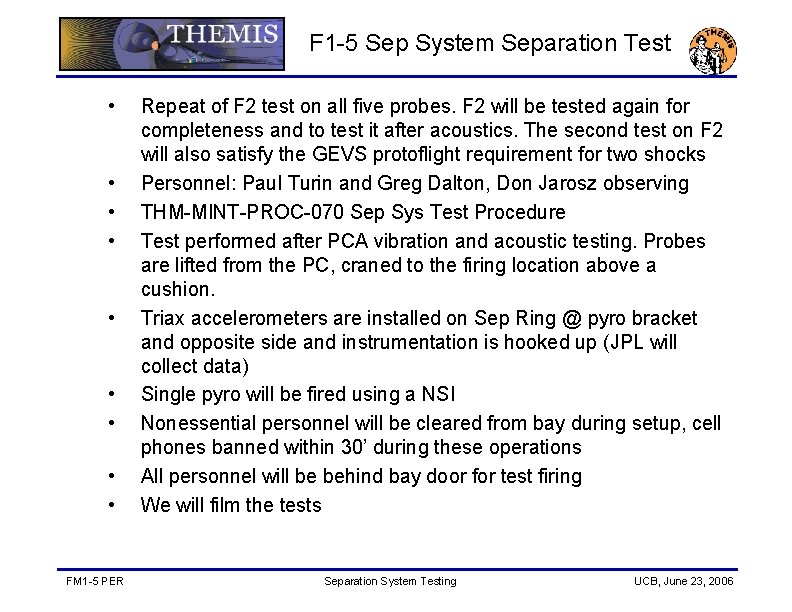 F 1 -5 Sep System Separation Test • • • FM 1 -5 PER