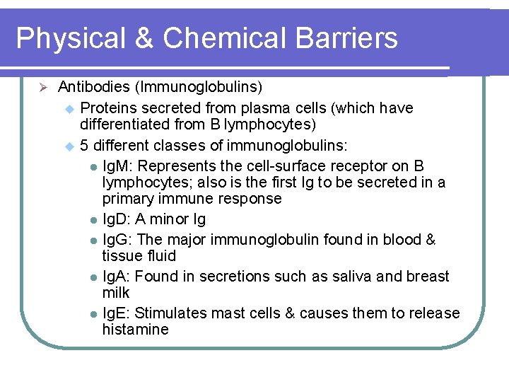 Physical & Chemical Barriers Ø Antibodies (Immunoglobulins) u Proteins secreted from plasma cells (which