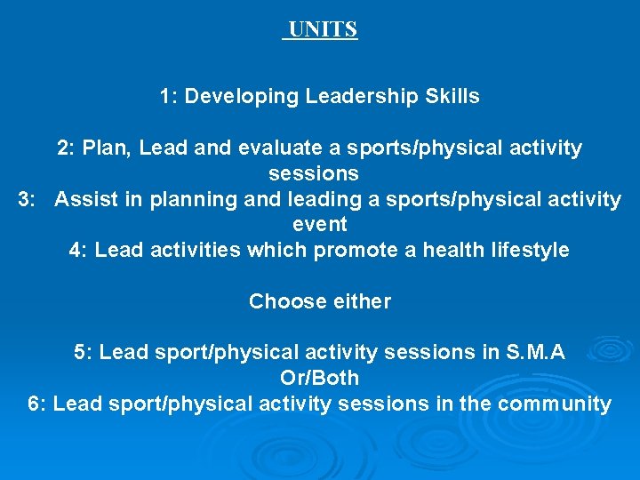 UNITS 1: Developing Leadership Skills 2: Plan, Lead and evaluate a sports/physical activity sessions