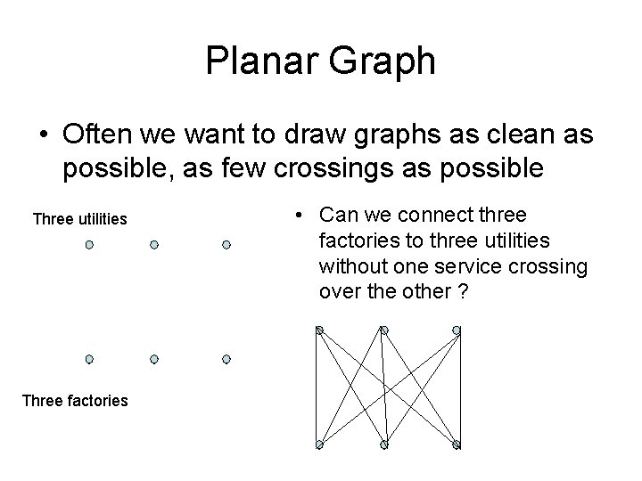 Planar Graph • Often we want to draw graphs as clean as possible, as