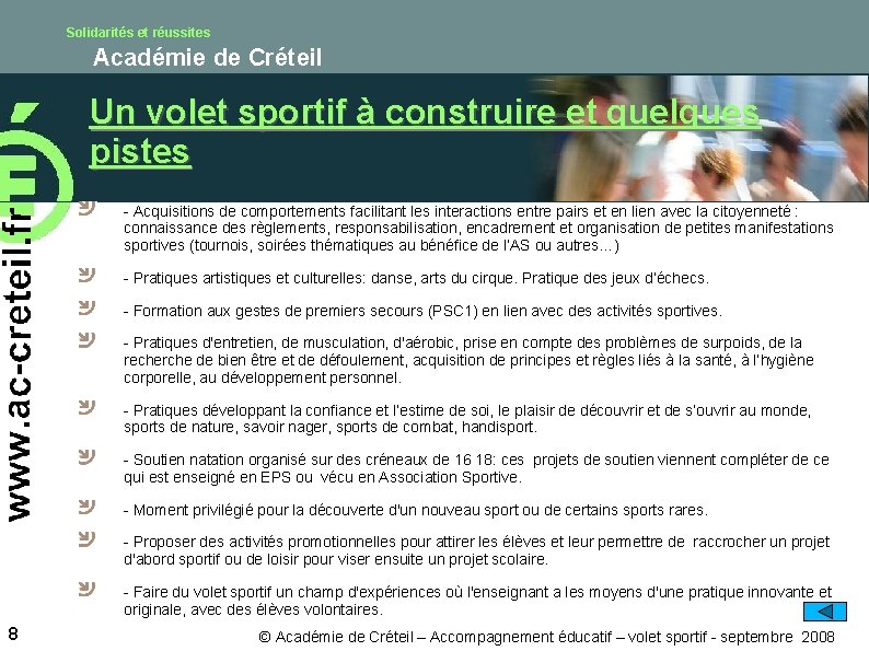 Solidarités et réussites Académie de Créteil Un volet sportif à construire et quelques pistes