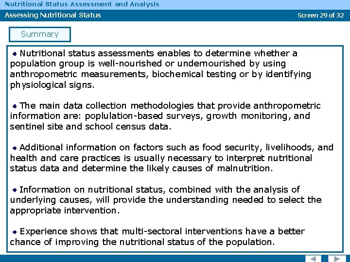 Nutritional Status Assessment and Analysis Assessing Nutritional Status Screen 29 of 32 Summary Nutritional