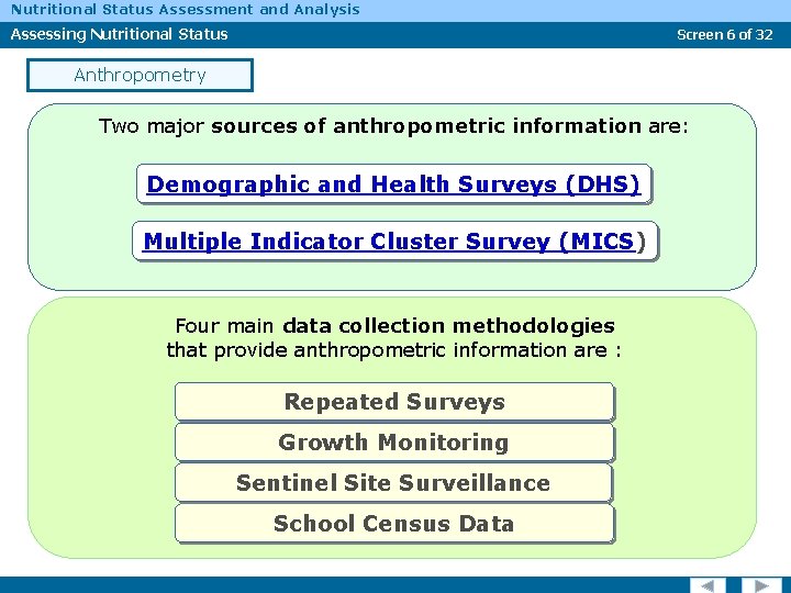 Nutritional Status Assessment and Analysis Assessing Nutritional Status Screen 6 of 32 Anthropometry Two