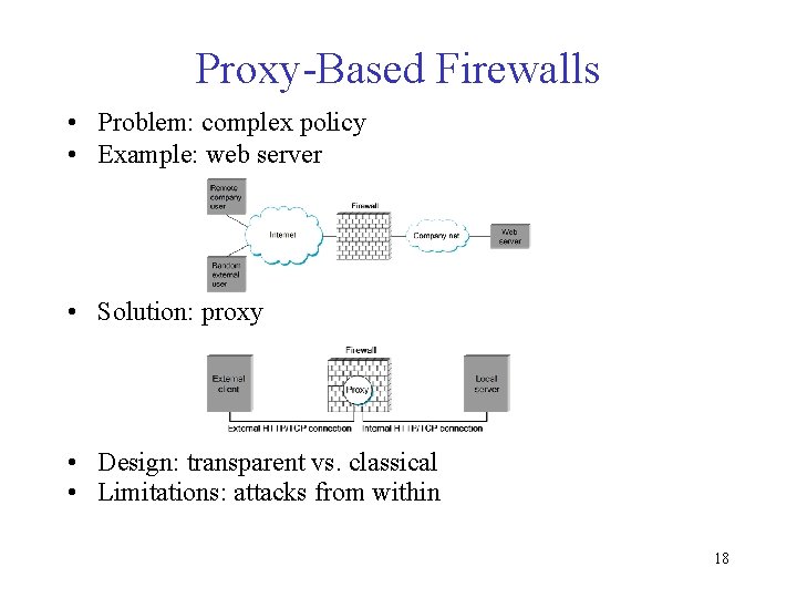 Proxy-Based Firewalls • Problem: complex policy • Example: web server • Solution: proxy •