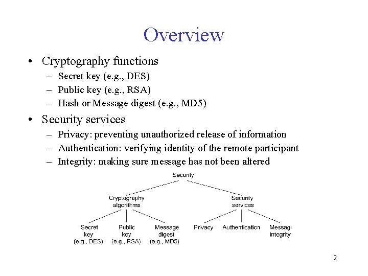 Overview • Cryptography functions – Secret key (e. g. , DES) – Public key