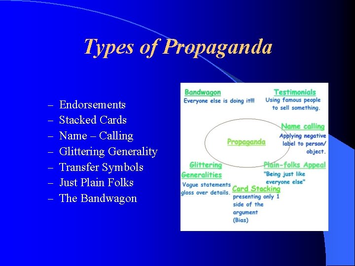 Types of Propaganda – – – – Endorsements Stacked Cards Name – Calling Glittering