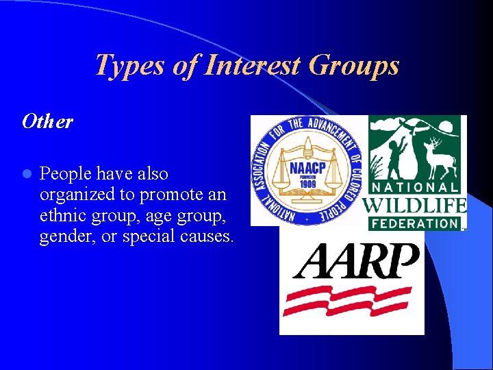 Types of Interest Groups Other l People have also organized to promote an ethnic