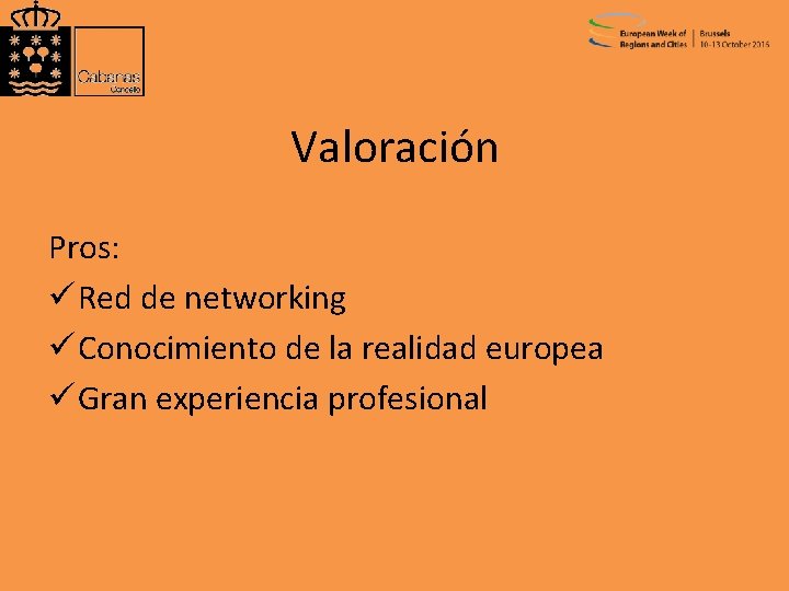 Valoración Pros: ü Red de networking ü Conocimiento de la realidad europea ü Gran
