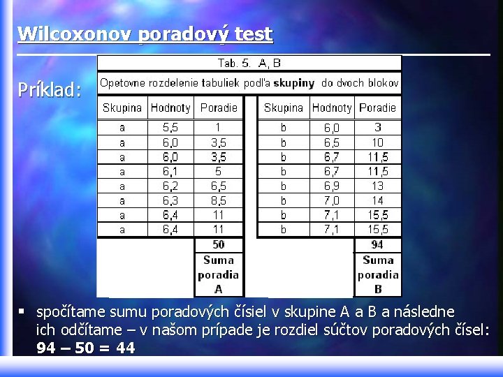 Wilcoxonov poradový test Príklad: § spočítame sumu poradových čísiel v skupine A a B