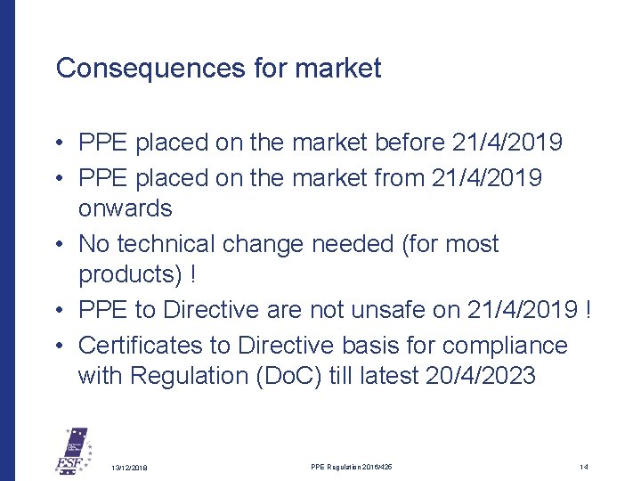 Consequences for market • PPE placed on the market before 21/4/2019 • PPE placed