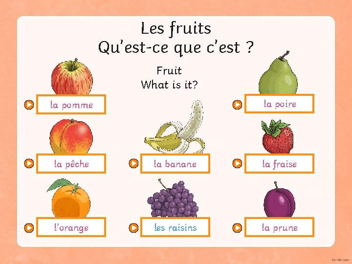 Les fruits Qu’est-ce que c’est ? Fruit What is it? la poire la pomme