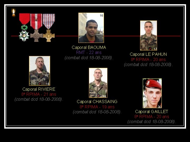 16 Caporal BAOUMA RMT - 22 ans (combat dcd 18 -08 -2008). 17 Caporal