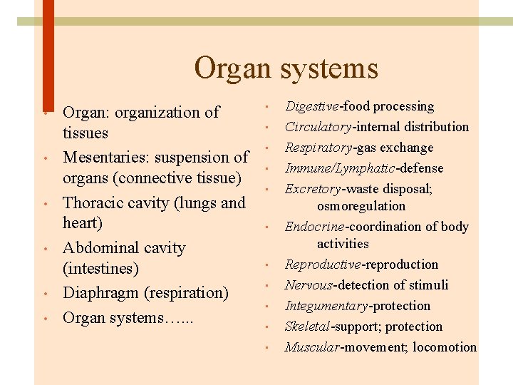 Organ systems • • • Organ: organization of tissues Mesentaries: suspension of organs (connective