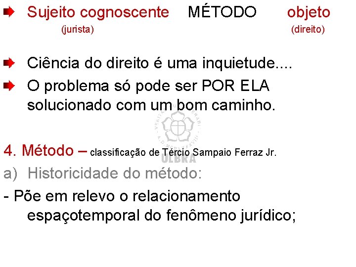 Sujeito cognoscente (jurista) MÉTODO objeto (direito) Ciência do direito é uma inquietude. . O