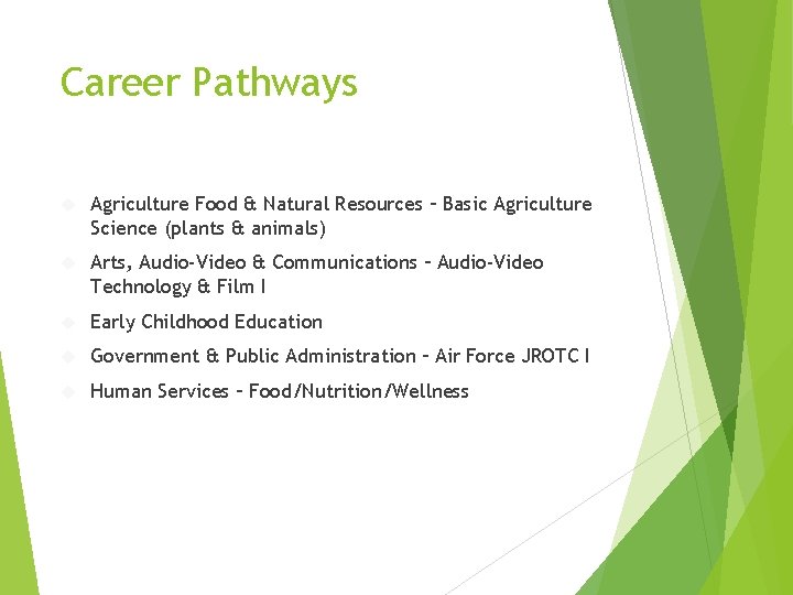 Career Pathways Agriculture Food & Natural Resources – Basic Agriculture Science (plants & animals)