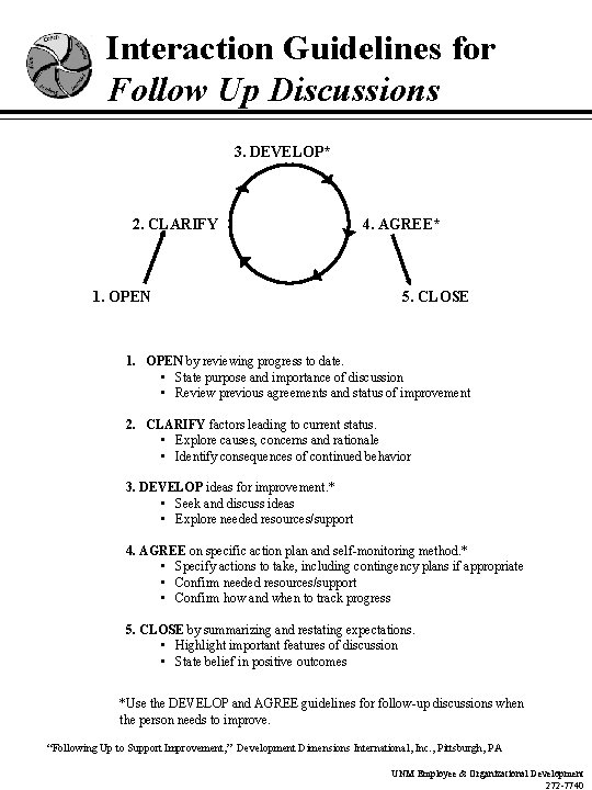 Interaction Guidelines for Follow Up Discussions 3. DEVELOP* 2. CLARIFY 1. OPEN 4. AGREE*
