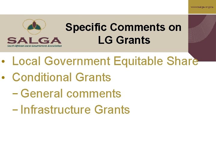 www. salga. org. za Specific Comments on LG Grants • Local Government Equitable Share
