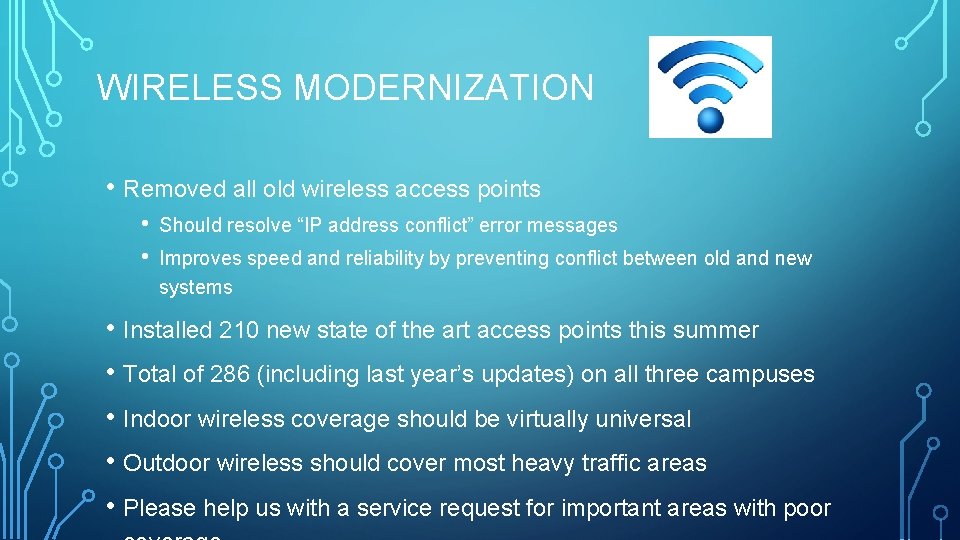 WIRELESS MODERNIZATION • Removed all old wireless access points • • Should resolve “IP