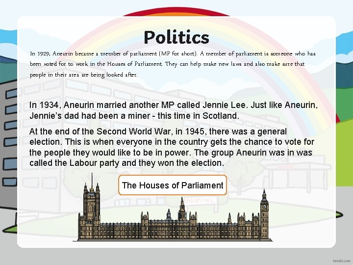 Politics In 1929, Aneurin became a member of parliament (MP for short). A member