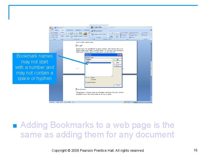 Inserting Bookmarks Bookmark names may not start with a number and may not contain