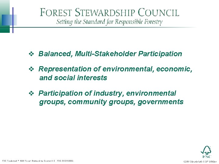 v Balanced, Multi-Stakeholder Participation v Representation of environmental, economic, and social interests v Participation