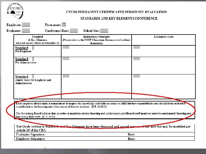 CERTIFICATED PERSONNEL EVALUATION Employee: Permanent: Evaluator: Conference Date: Standard & Key Elements STANDARDS AND