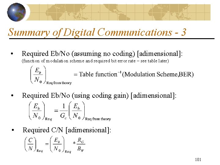 Summary of Digital Communications - 3 • Required Eb/No (assuming no coding) [adimensional]: (function