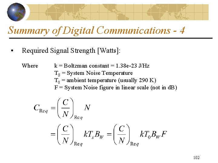 Summary of Digital Communications - 4 • Required Signal Strength [Watts]: Where k =