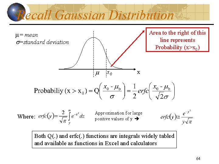 Recall Gaussian Distribution Area to the right of this line represents Probability (x>x 0)