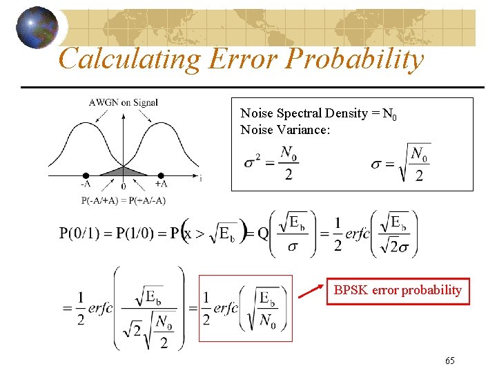 Calculating Error Probability Noise Spectral Density = N 0 Noise Variance: BPSK error probability