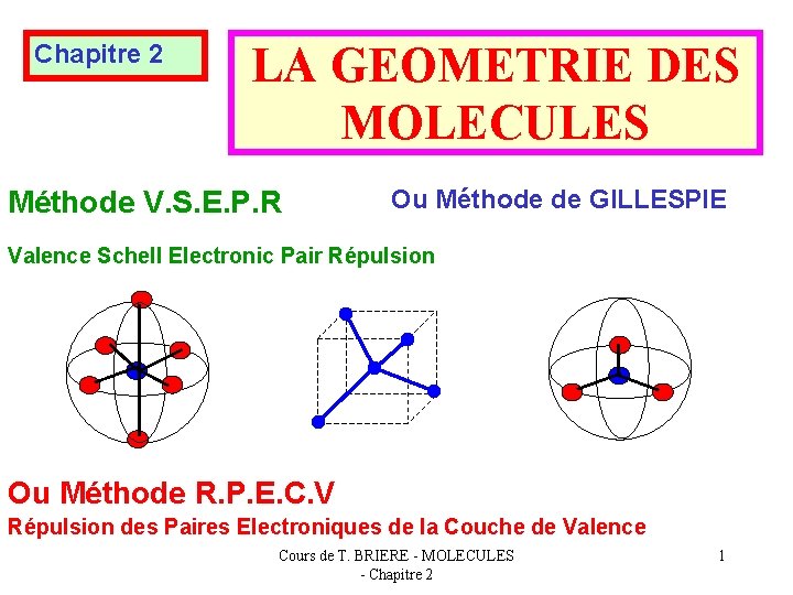 Chapitre 2 LA GEOMETRIE DES MOLECULES Méthode V. S. E. P. R Ou Méthode