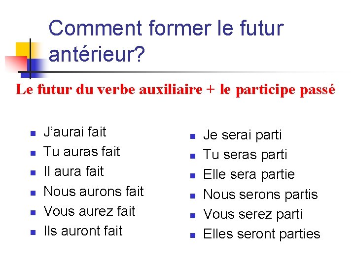 Comment former le futur antérieur? Le futur du verbe auxiliaire + le participe passé