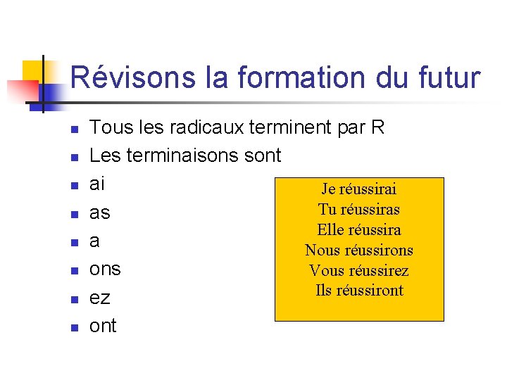 Révisons la formation du futur n n n n Tous les radicaux terminent par