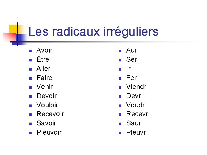 Les radicaux irréguliers n n n n n Avoir Être Aller Faire Venir Devoir