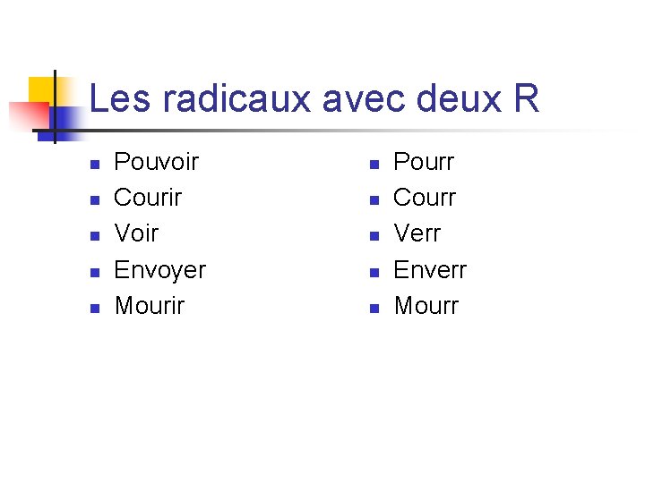 Les radicaux avec deux R n n n Pouvoir Courir Voir Envoyer Mourir n